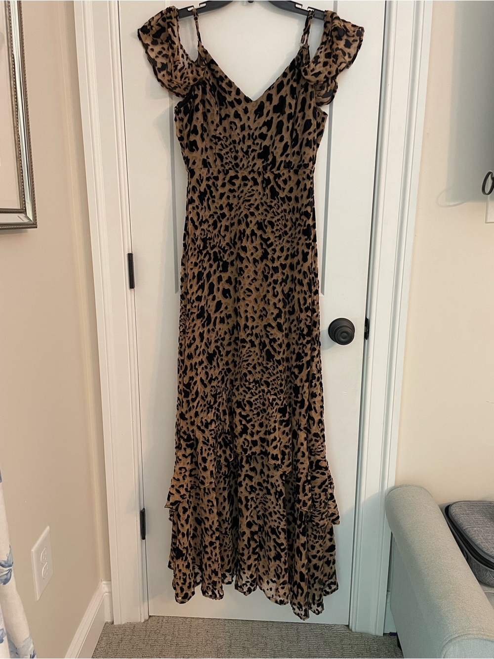 Altar'd State Brown and Black Leopard Maxi Dress with Ruffle Straps - Picture 3 of 9